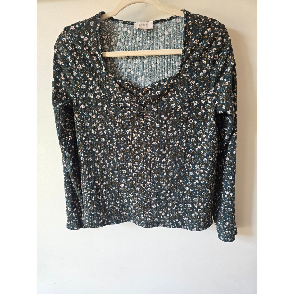 LOFT Womens Green Floral Sweetheart Neck Ribbed Long Sleeve Top Size M